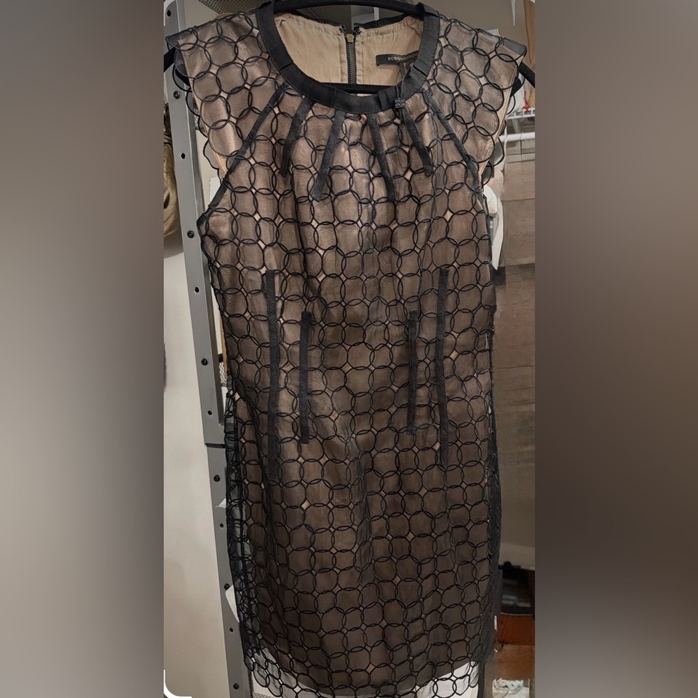BCBG Maxazria Silk Black Lace Overlay Dress with Nude Underlay